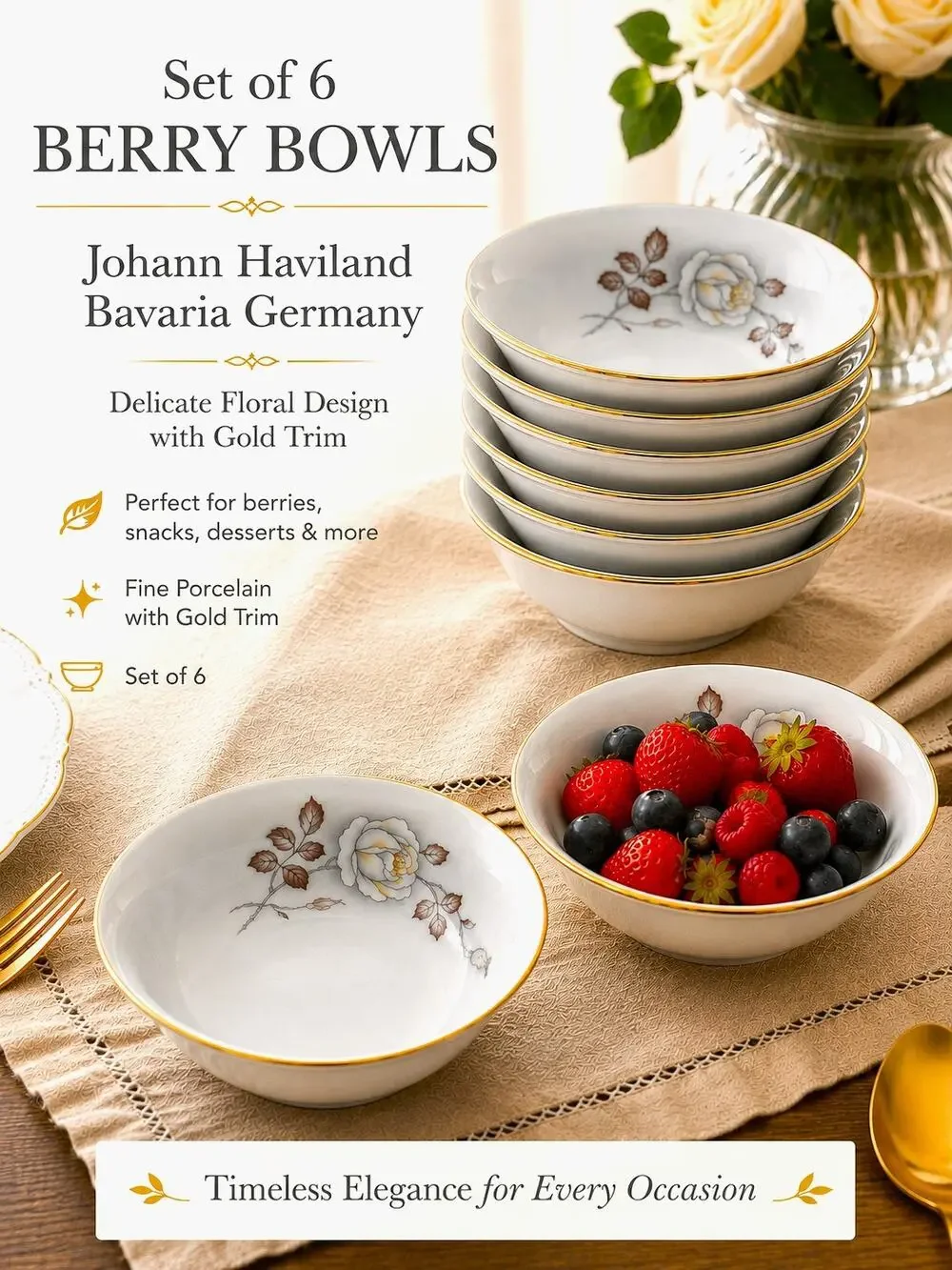 Johann Haviland Bavaria Germany Set/6 Berry Dessert Bowls Floral Rose Gold Trim